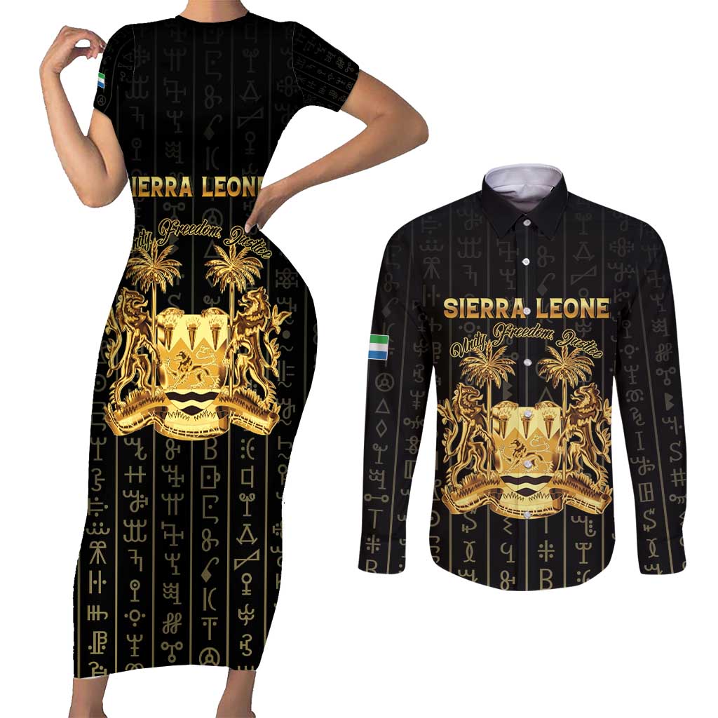 Personalized Sierra Leone Vai Syllabary Vertical Pattern Couples Matching Short Sleeve Bodycon Dress and Long Sleeve Button Shirt - Wonder Print Shop