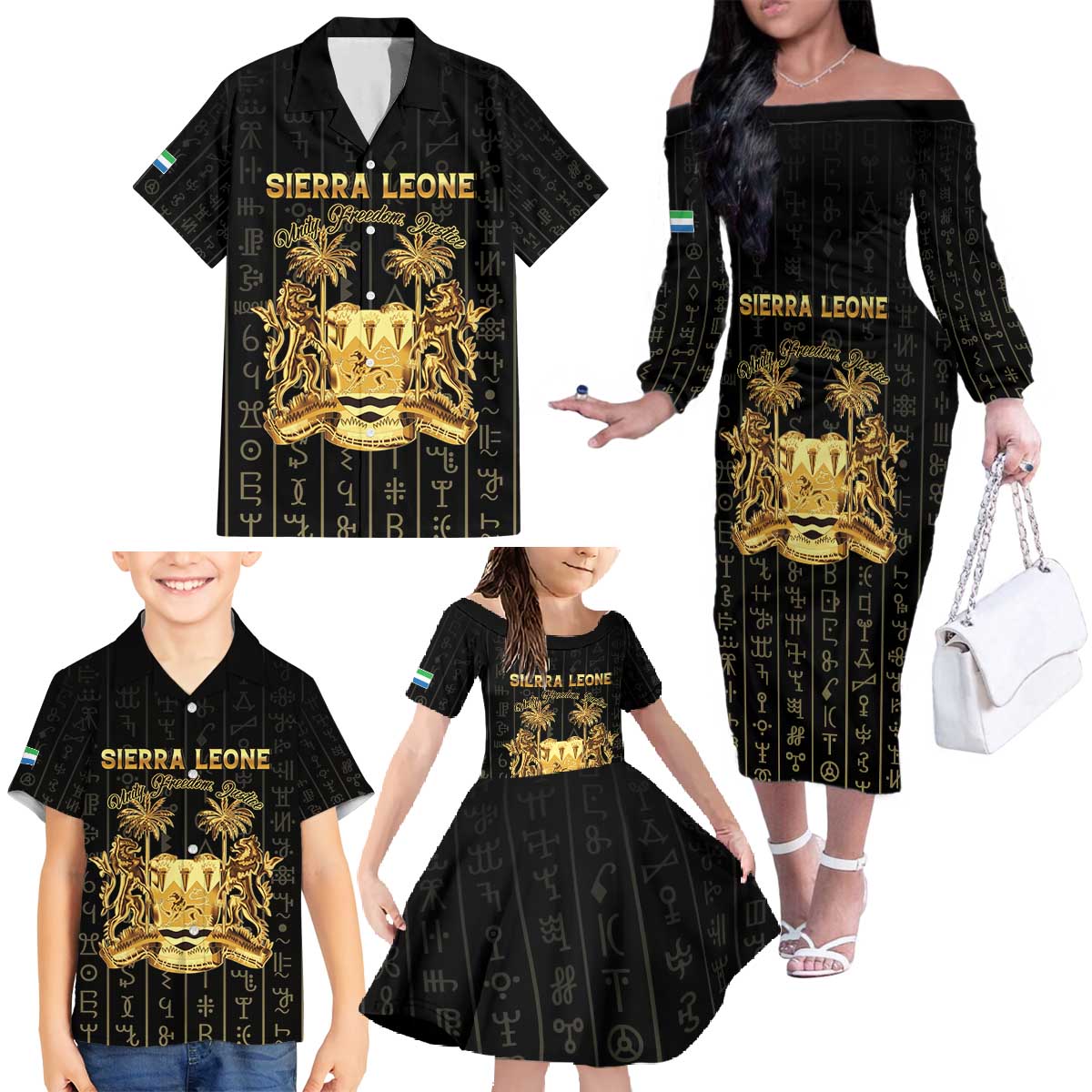 Personalized Sierra Leone Vai Syllabary Vertical Pattern Family Matching Off The Shoulder Long Sleeve Dress and Hawaiian Shirt - Wonder Print Shop