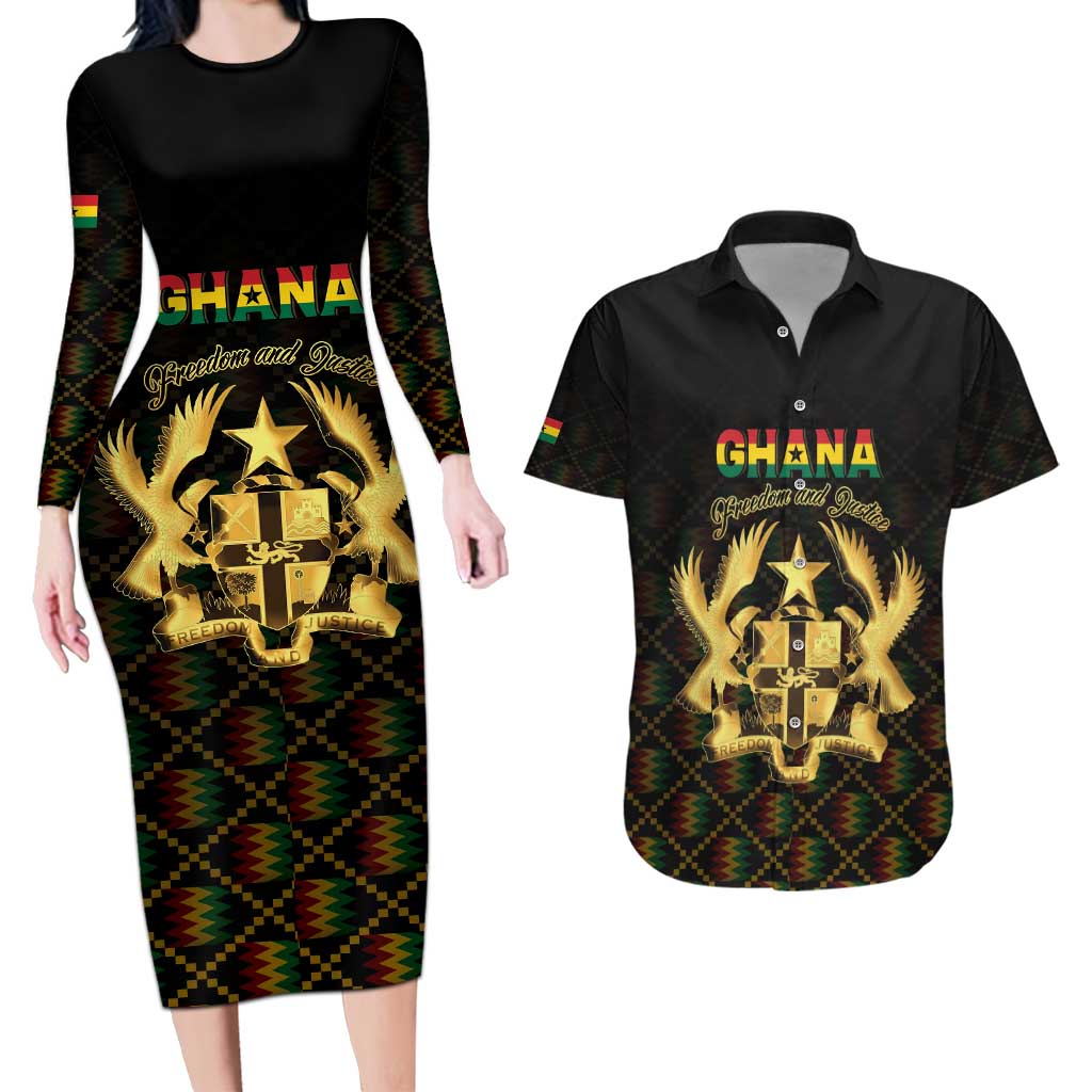 Personalized Ghana Kente Pattern Couples Matching Long Sleeve Bodycon Dress and Hawaiian Shirt The Heart of Gold of Africa - Wonder Print Shop