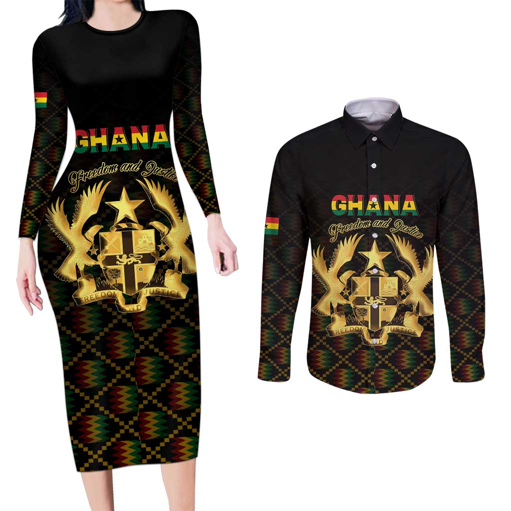 Personalized Ghana Kente Pattern Couples Matching Long Sleeve Bodycon Dress and Long Sleeve Button Shirt The Heart of Gold of Africa - Wonder Print Shop
