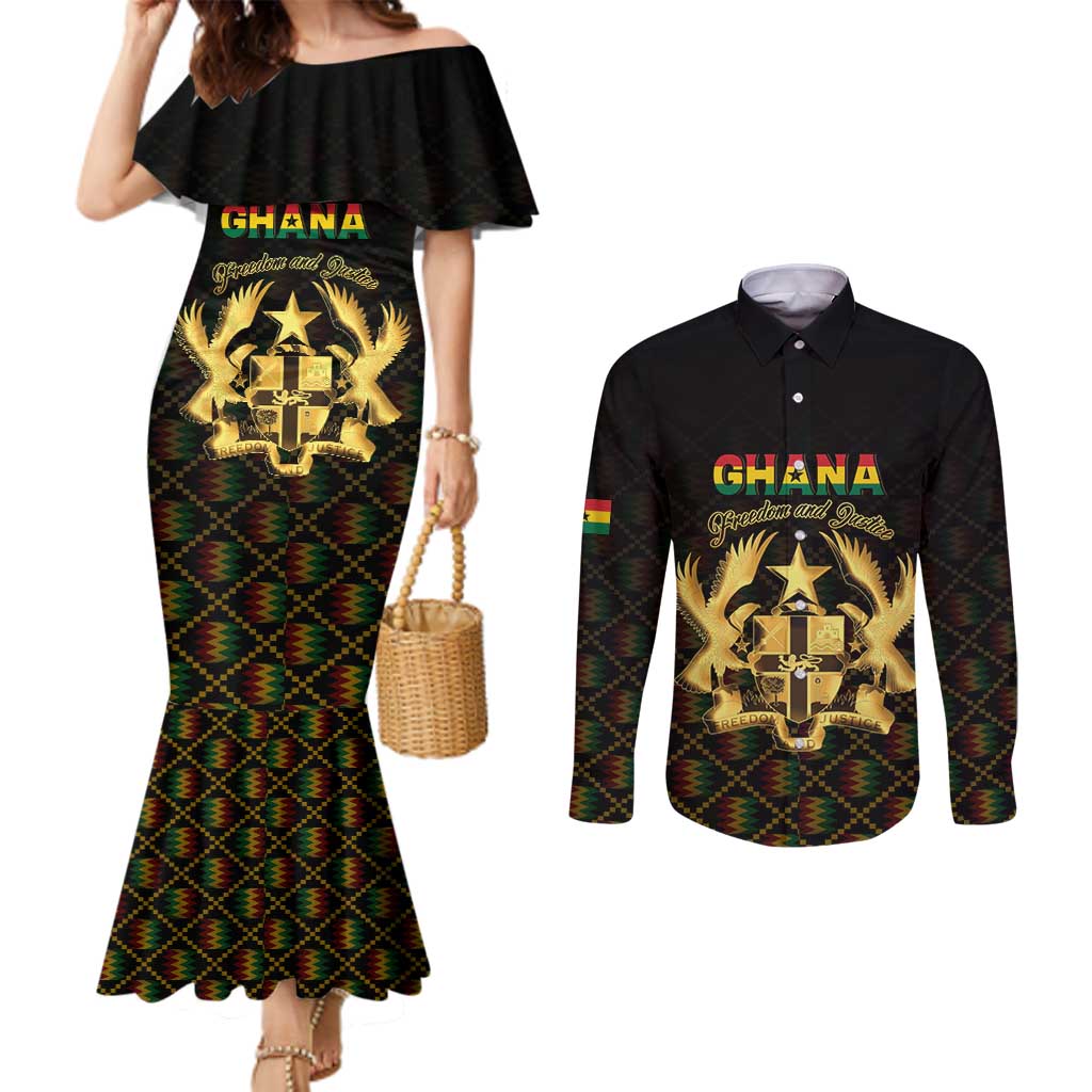 Personalized Ghana Kente Pattern Couples Matching Mermaid Dress and Long Sleeve Button Shirt The Heart of Gold of Africa - Wonder Print Shop