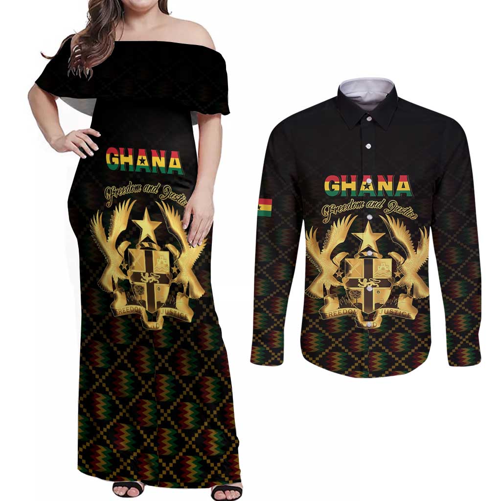 Personalized Ghana Kente Pattern Couples Matching Off Shoulder Maxi Dress and Long Sleeve Button Shirt The Heart of Gold of Africa - Wonder Print Shop
