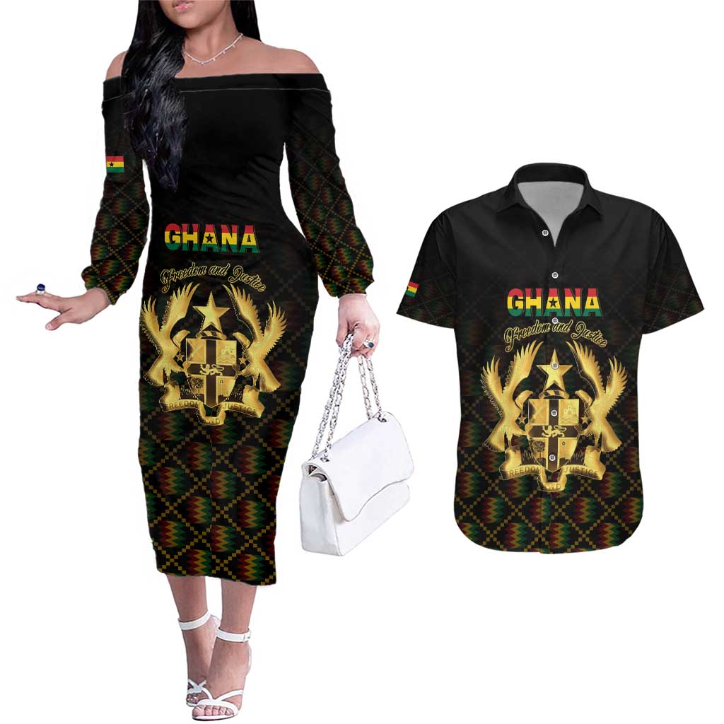 Personalized Ghana Kente Pattern Couples Matching Off The Shoulder Long Sleeve Dress and Hawaiian Shirt The Heart of Gold of Africa - Wonder Print Shop
