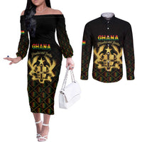 Personalized Ghana Kente Pattern Couples Matching Off The Shoulder Long Sleeve Dress and Long Sleeve Button Shirt The Heart of Gold of Africa - Wonder Print Shop