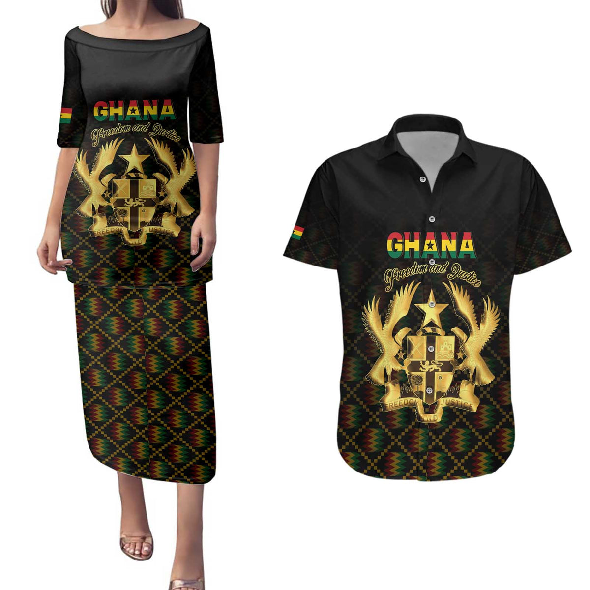 Personalized Ghana Kente Pattern Couples Matching Puletasi and Hawaiian Shirt The Heart of Gold of Africa - Wonder Print Shop