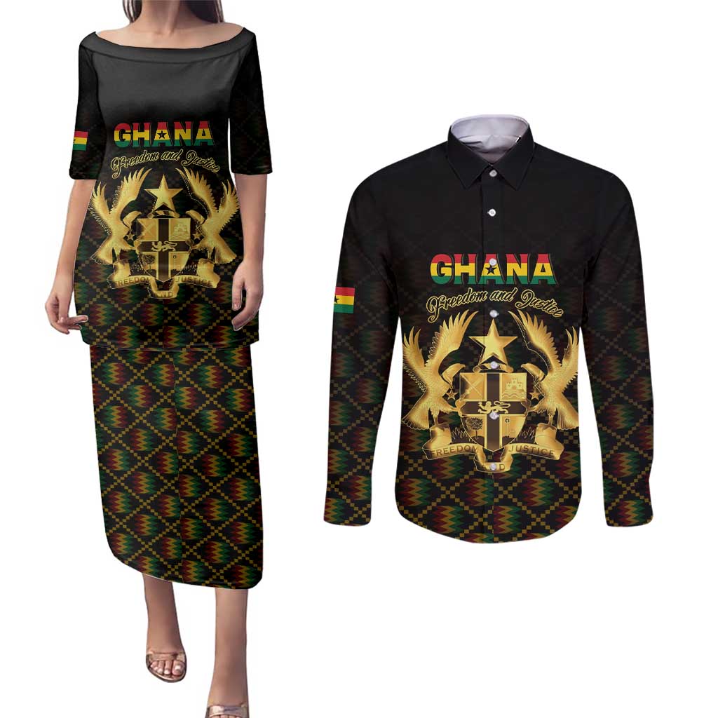 Personalized Ghana Kente Pattern Couples Matching Puletasi and Long Sleeve Button Shirt The Heart of Gold of Africa - Wonder Print Shop