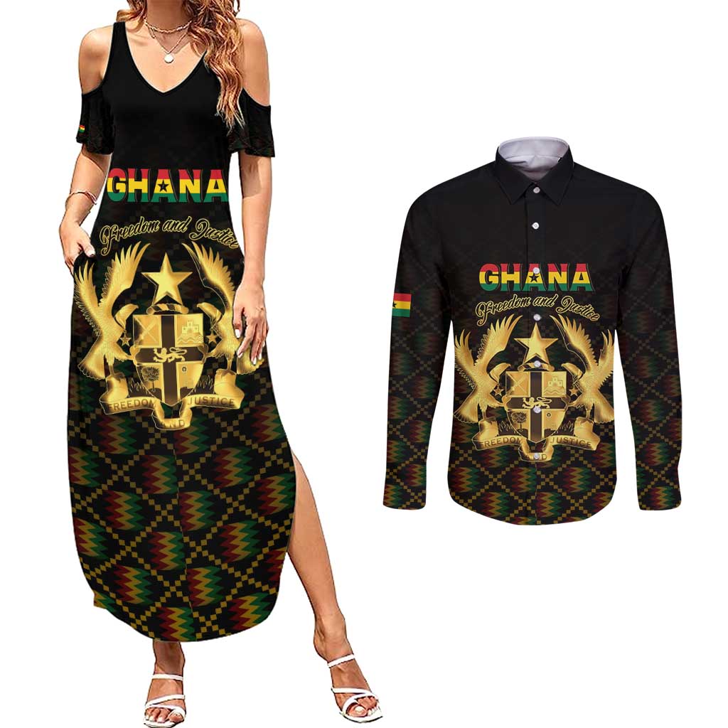 Personalized Ghana Kente Pattern Couples Matching Summer Maxi Dress and Long Sleeve Button Shirt The Heart of Gold of Africa - Wonder Print Shop