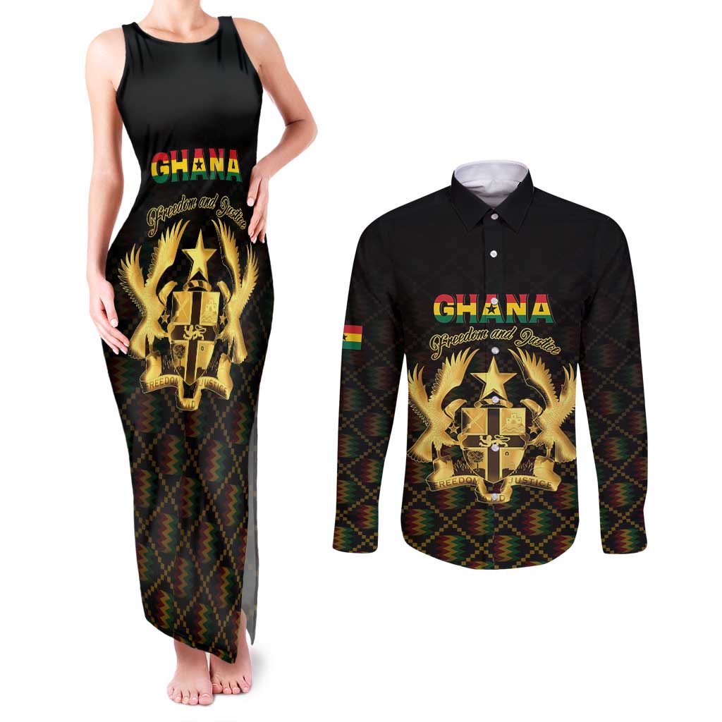Personalized Ghana Kente Pattern Couples Matching Tank Maxi Dress and Long Sleeve Button Shirt The Heart of Gold of Africa - Wonder Print Shop