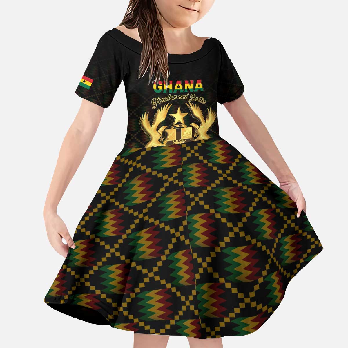 Personalized Ghana Kente Pattern Family Matching Off The Shoulder Long Sleeve Dress and Hawaiian Shirt The Heart of Gold of Africa - Wonder Print Shop