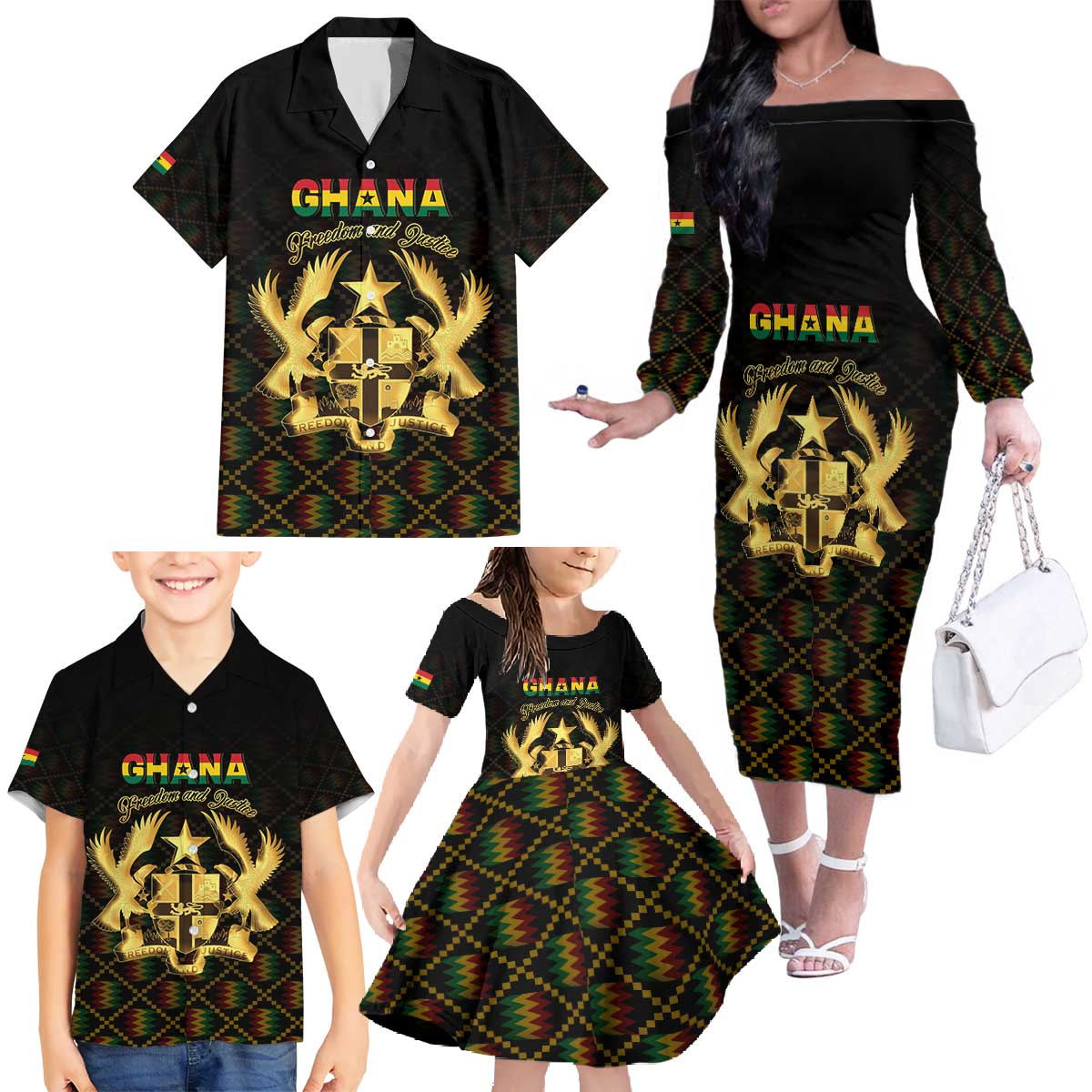 Personalized Ghana Kente Pattern Family Matching Off The Shoulder Long Sleeve Dress and Hawaiian Shirt The Heart of Gold of Africa - Wonder Print Shop