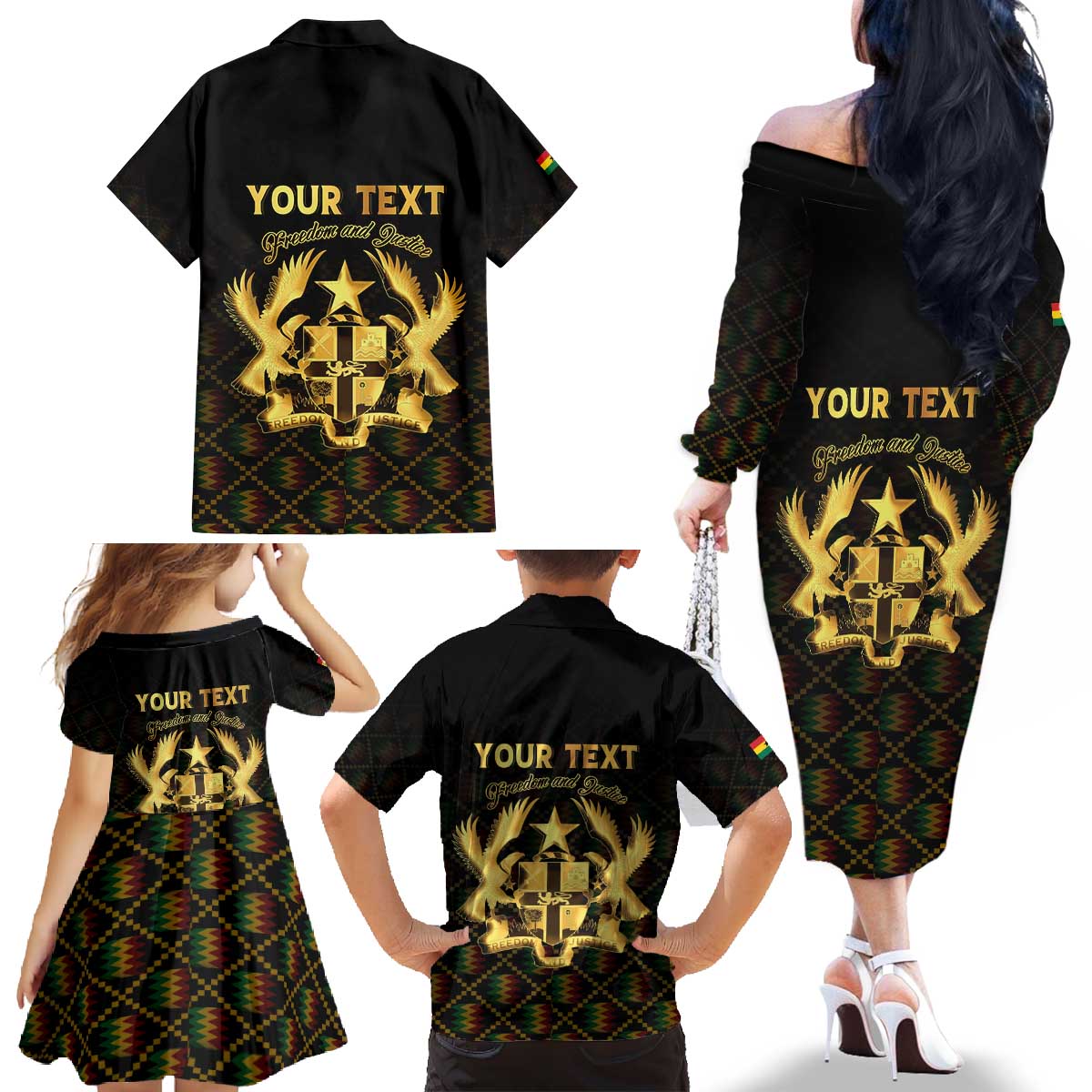 Personalized Ghana Kente Pattern Family Matching Off The Shoulder Long Sleeve Dress and Hawaiian Shirt The Heart of Gold of Africa - Wonder Print Shop