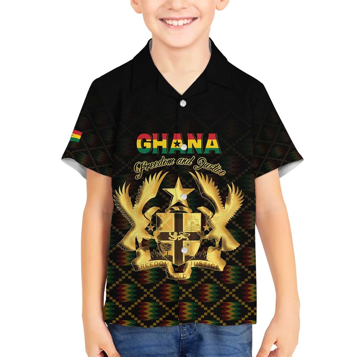 Personalized Ghana Kente Pattern Family Matching Off The Shoulder Long Sleeve Dress and Hawaiian Shirt The Heart of Gold of Africa - Wonder Print Shop
