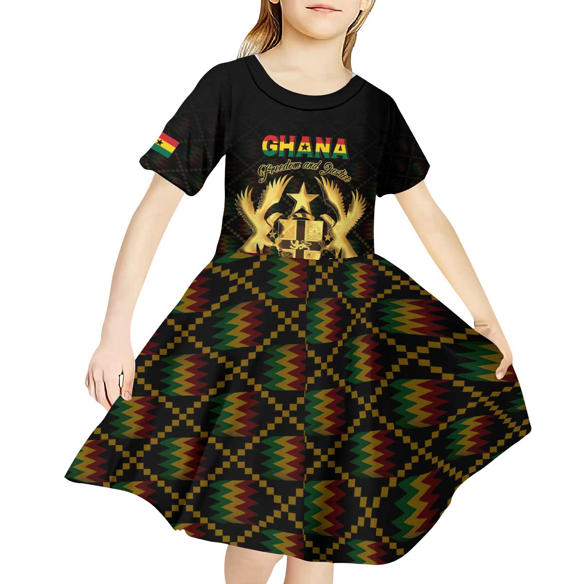Personalized Ghana Kente Pattern Kid Short Sleeve Dress The Heart of Gold of Africa - Wonder Print Shop