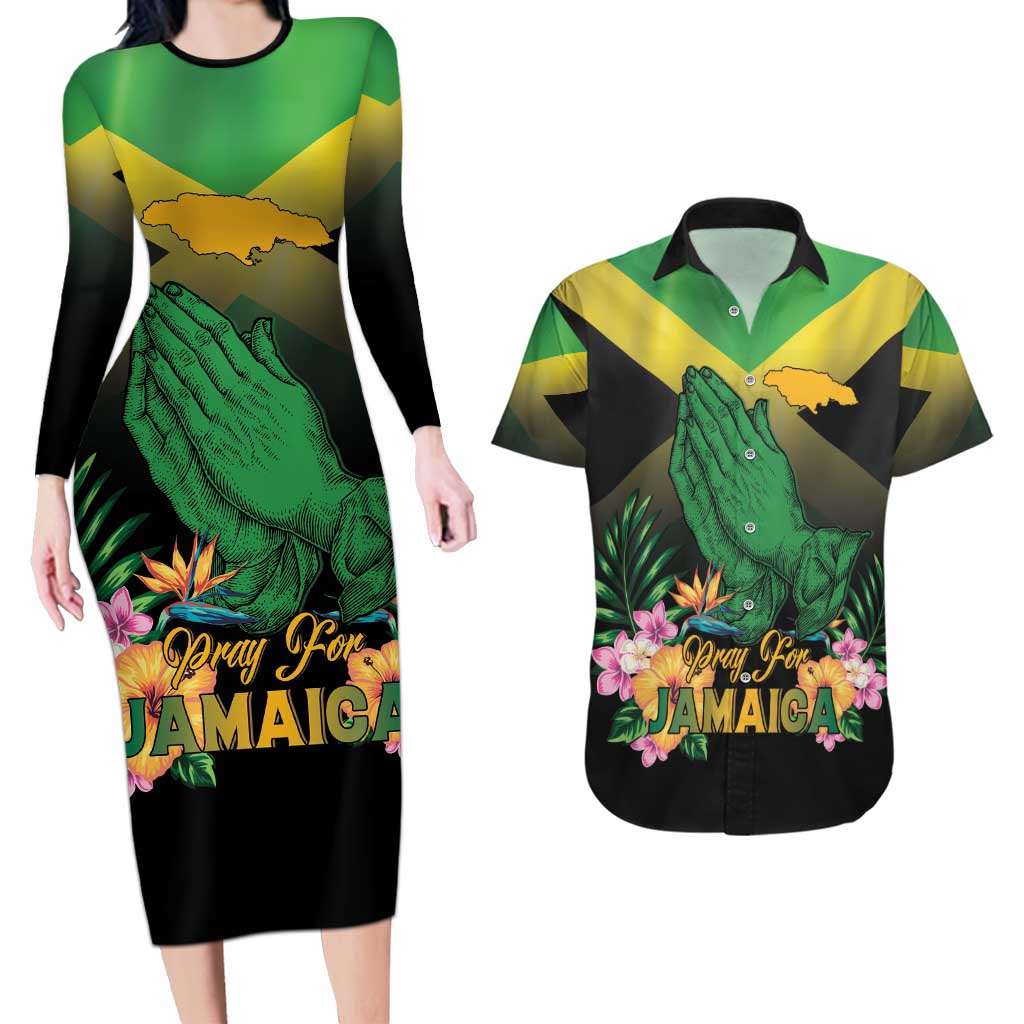 Personalized Pray For Jamaica Couples Matching Long Sleeve Bodycon Dress and Hawaiian Shirt Jamaica Strong - Wonder Print Shop