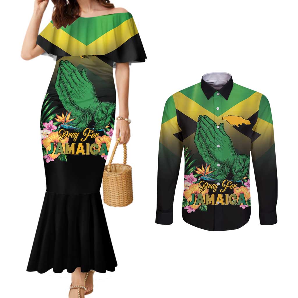 Personalized Pray For Jamaica Couples Matching Mermaid Dress and Long Sleeve Button Shirt Jamaica Strong - Wonder Print Shop