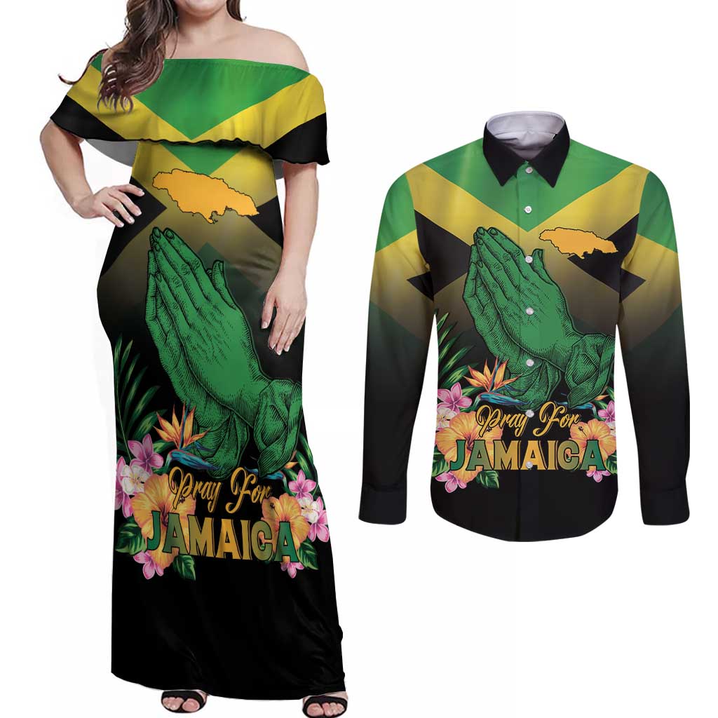 Personalized Pray For Jamaica Couples Matching Off Shoulder Maxi Dress and Long Sleeve Button Shirt Jamaica Strong - Wonder Print Shop