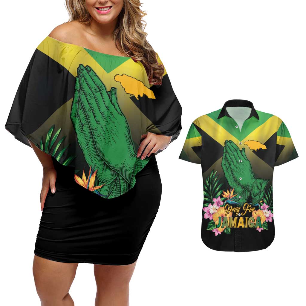 Personalized Pray For Jamaica Couples Matching Off Shoulder Short Dress and Hawaiian Shirt Jamaica Strong - Wonder Print Shop