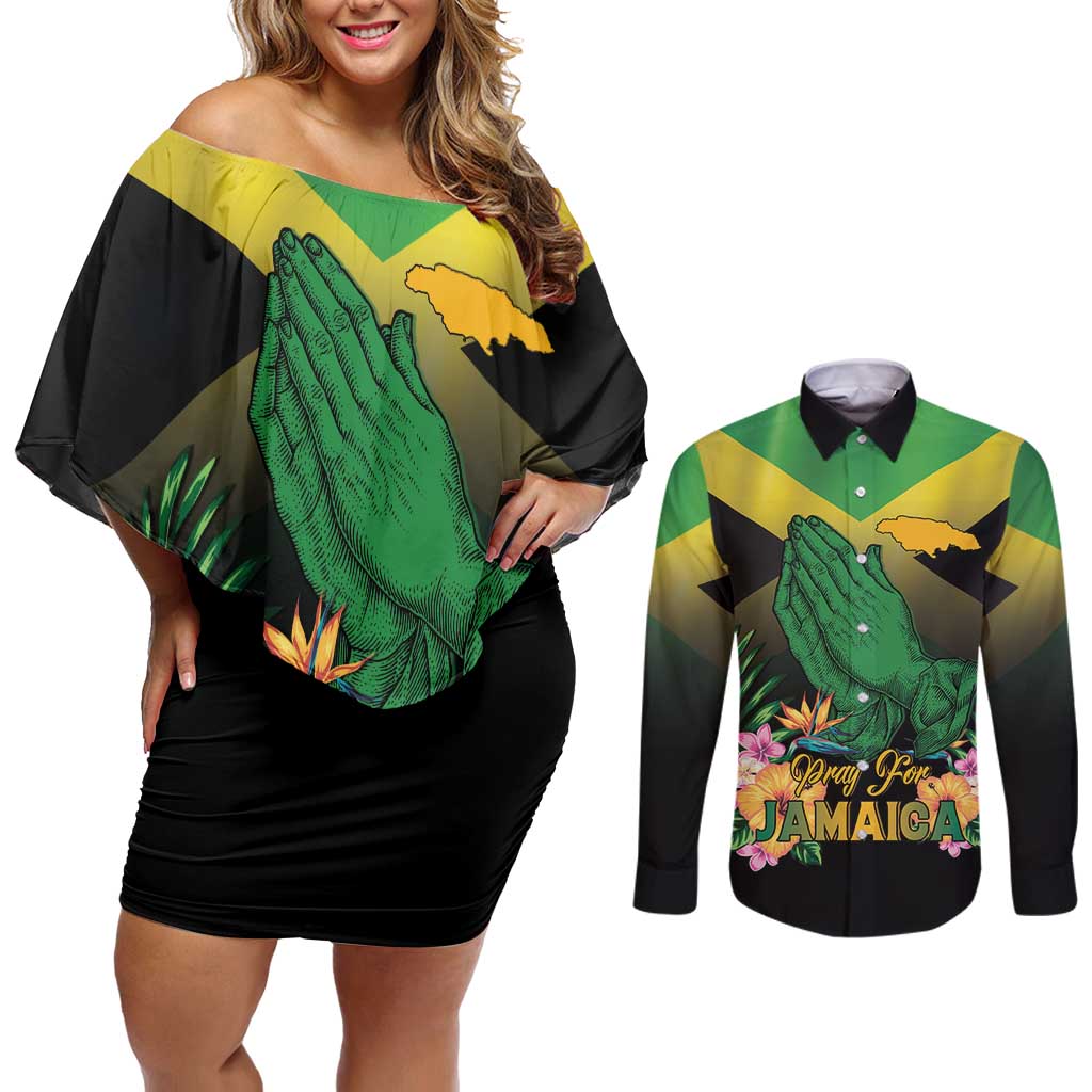 Personalized Pray For Jamaica Couples Matching Off Shoulder Short Dress and Long Sleeve Button Shirt Jamaica Strong - Wonder Print Shop