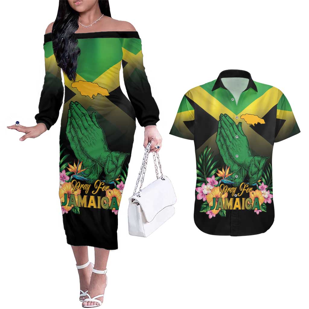 Personalized Pray For Jamaica Couples Matching Off The Shoulder Long Sleeve Dress and Hawaiian Shirt Jamaica Strong - Wonder Print Shop