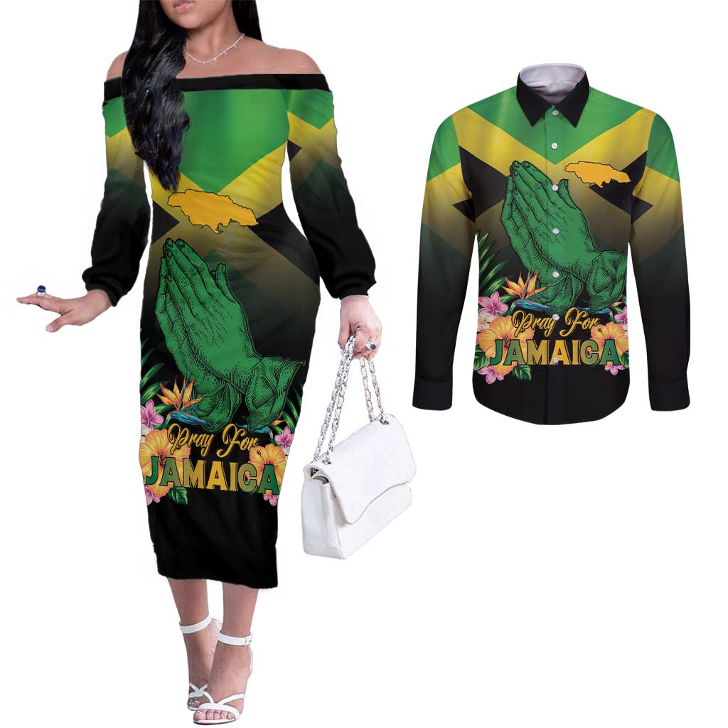 Personalized Pray For Jamaica Couples Matching Off The Shoulder Long Sleeve Dress and Long Sleeve Button Shirt Jamaica Strong - Wonder Print Shop