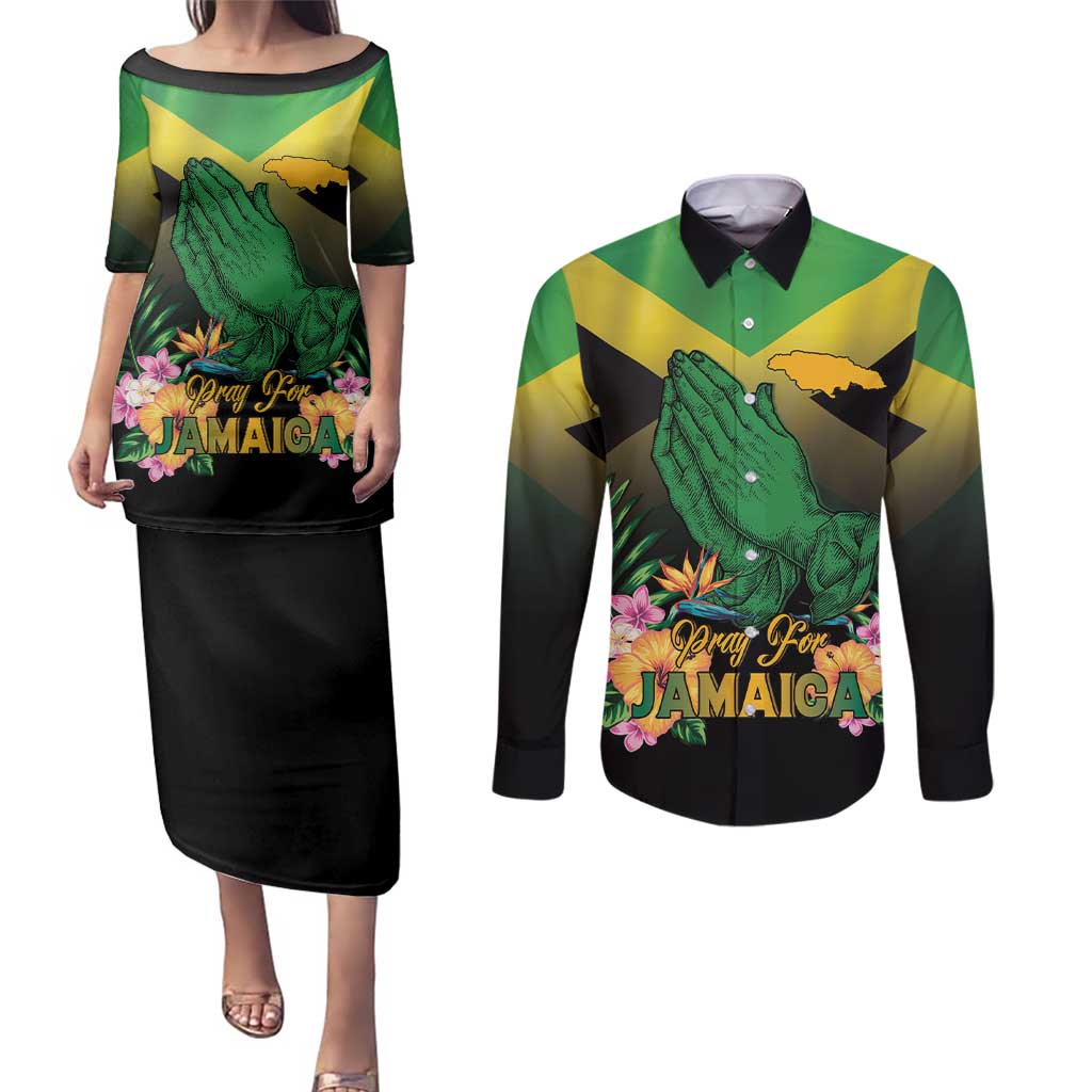 Personalized Pray For Jamaica Couples Matching Puletasi and Long Sleeve Button Shirt Jamaica Strong - Wonder Print Shop