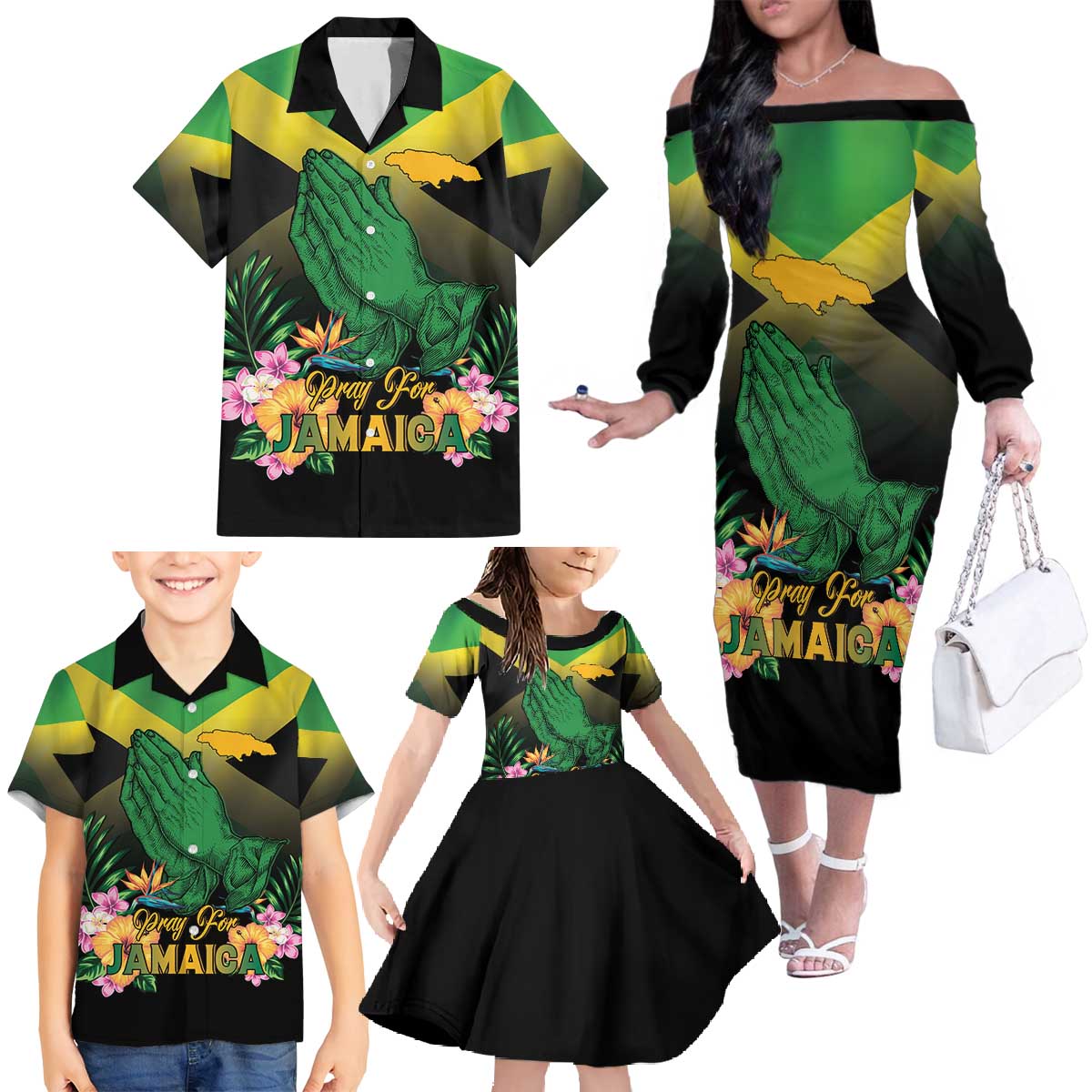Personalized Pray For Jamaica Family Matching Off The Shoulder Long Sleeve Dress and Hawaiian Shirt Jamaica Strong - Wonder Print Shop