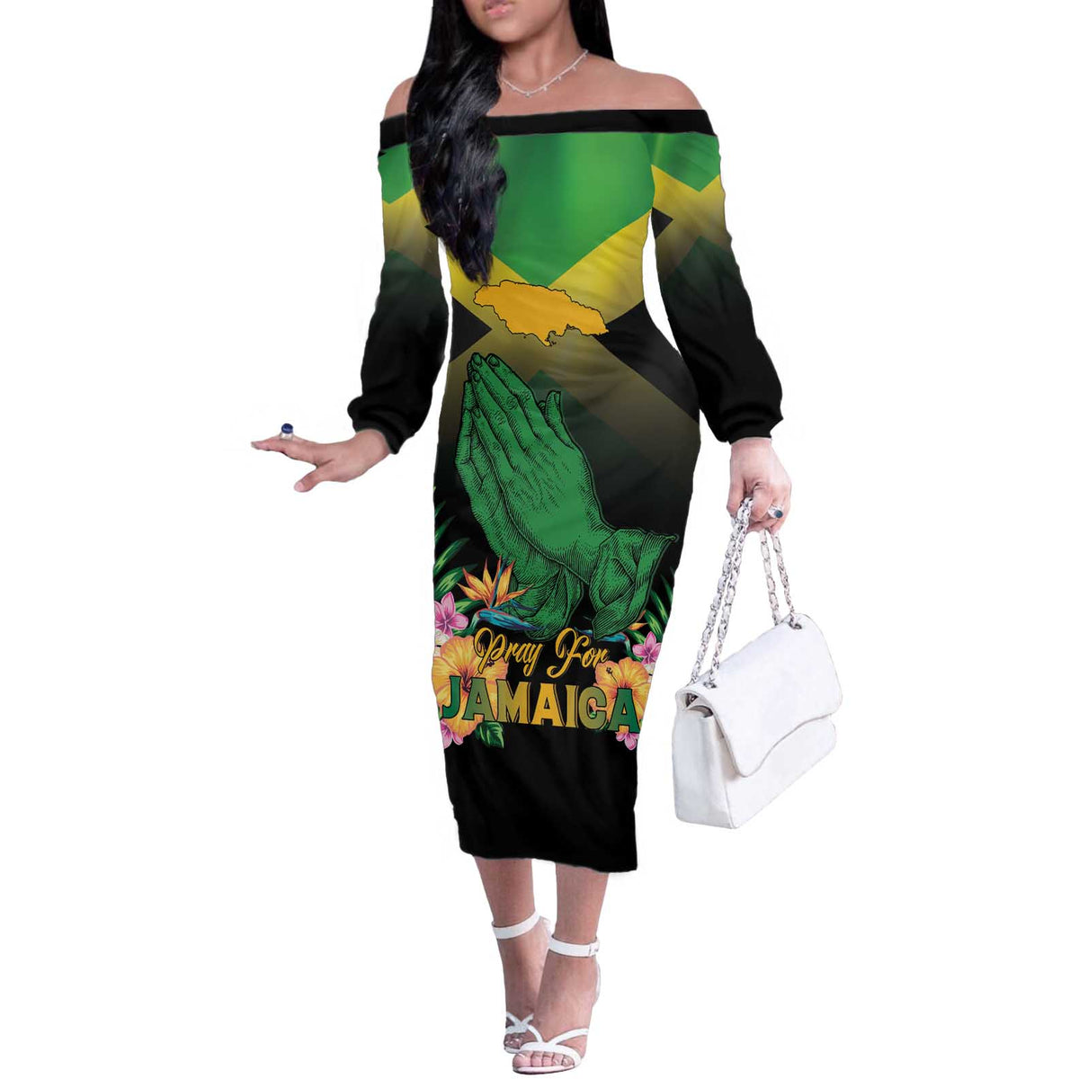 Personalized Pray For Jamaica Off The Shoulder Long Sleeve Dress Jamaica Strong - Wonder Print Shop