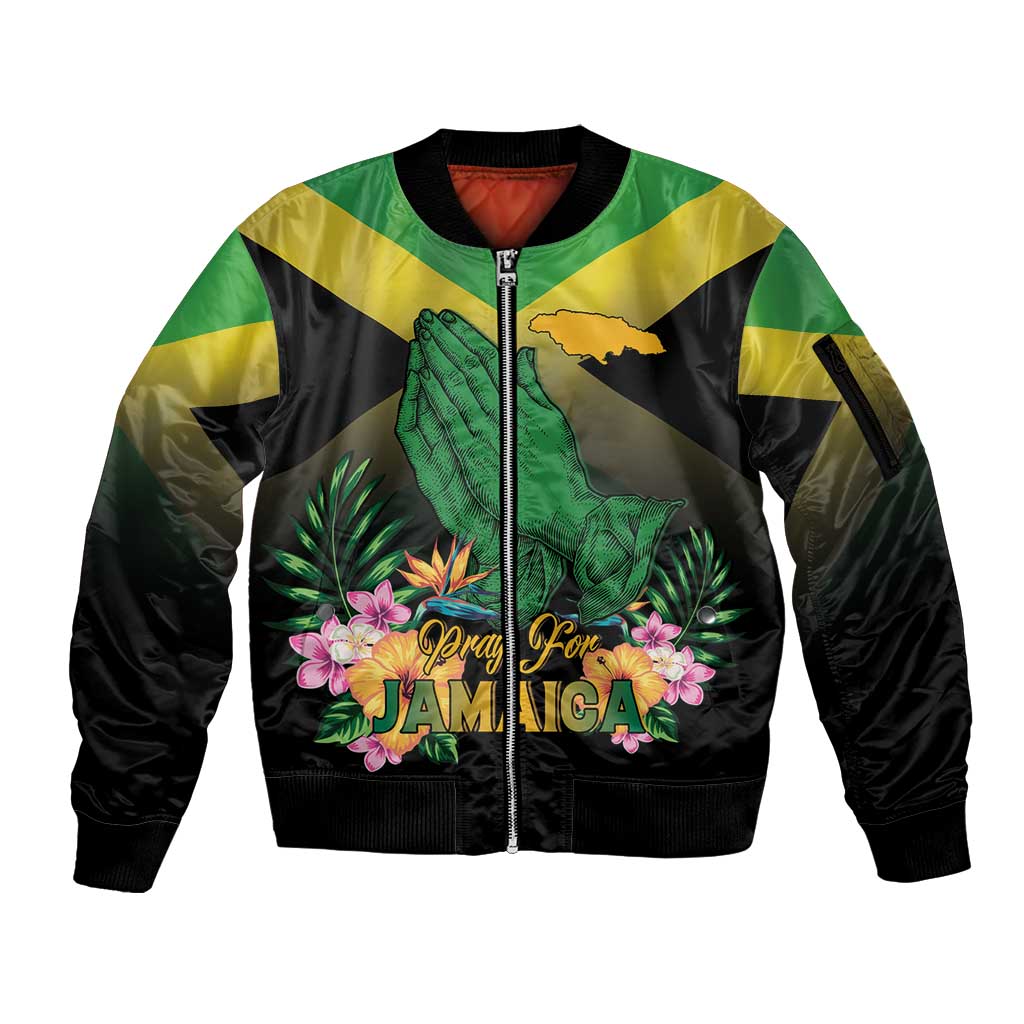 Personalized Pray For Jamaica Sleeve Zip Bomber Jacket Jamaica Strong - Wonder Print Shop