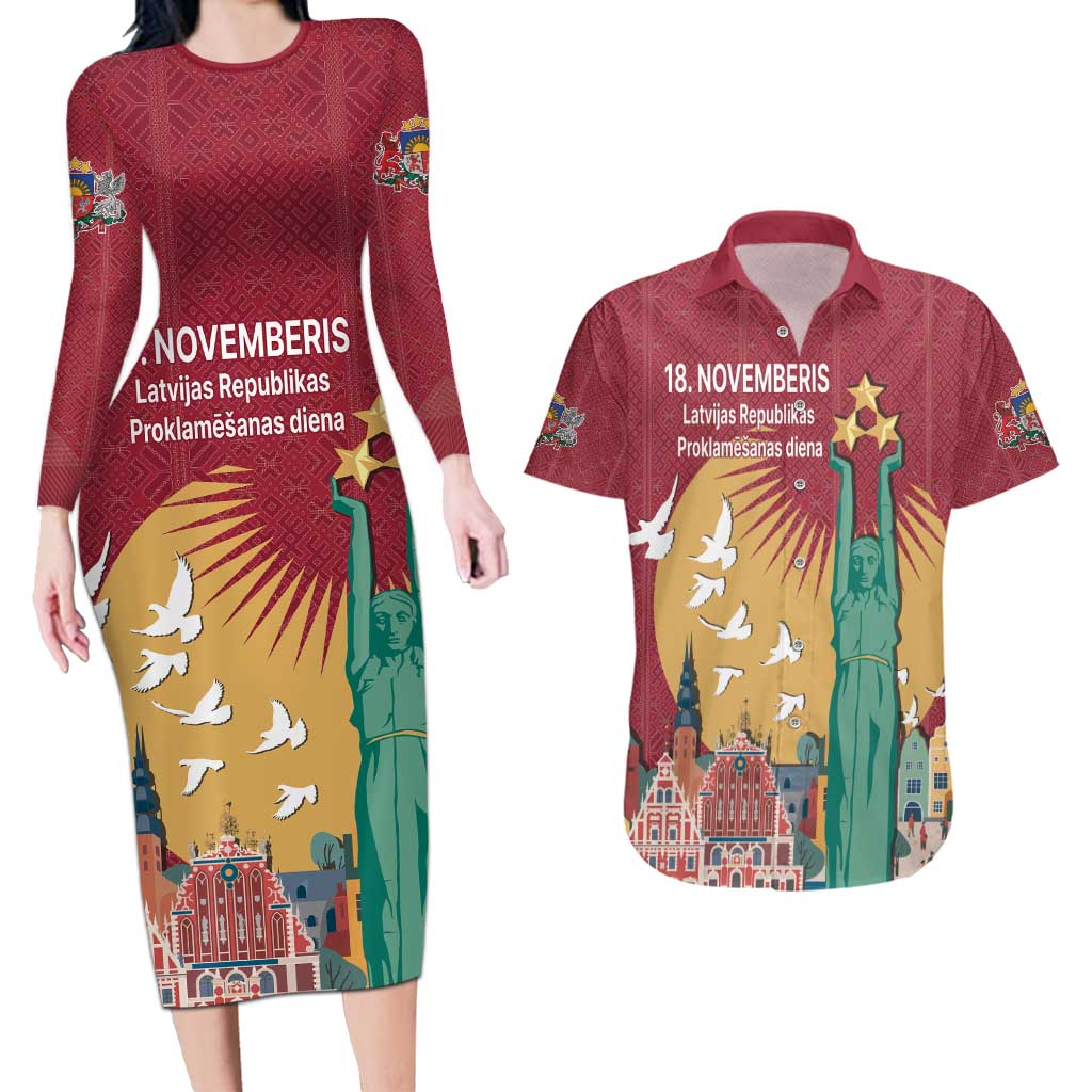 Latvia Independence Day Couples Matching Long Sleeve Bodycon Dress and Hawaiian Shirt Latvija with Freedom Monument