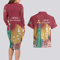 Latvia Independence Day Couples Matching Long Sleeve Bodycon Dress and Hawaiian Shirt Latvija with Freedom Monument
