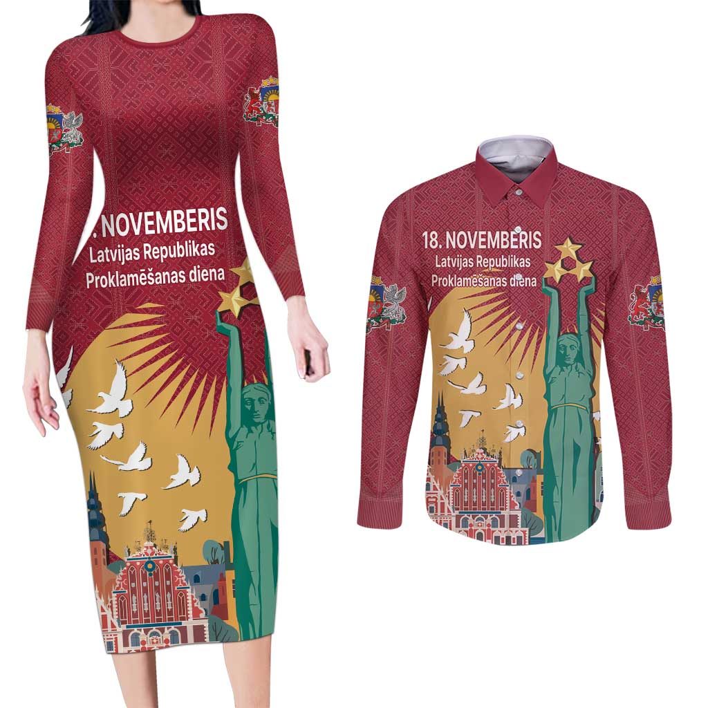 Latvia Independence Day Couples Matching Long Sleeve Bodycon Dress and Long Sleeve Button Shirt Latvija with Freedom Monument