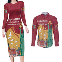 Latvia Independence Day Couples Matching Long Sleeve Bodycon Dress and Long Sleeve Button Shirt Latvija with Freedom Monument