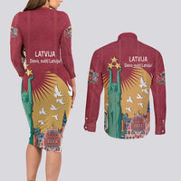 Latvia Independence Day Couples Matching Long Sleeve Bodycon Dress and Long Sleeve Button Shirt Latvija with Freedom Monument