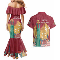 Latvia Independence Day Couples Matching Mermaid Dress and Hawaiian Shirt Latvija with Freedom Monument