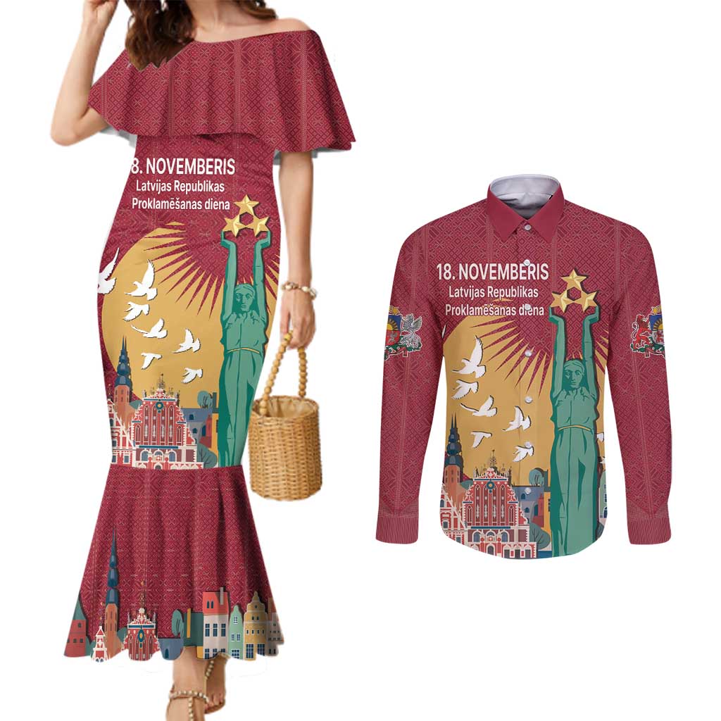 Latvia Independence Day Couples Matching Mermaid Dress and Long Sleeve Button Shirt Latvija with Freedom Monument