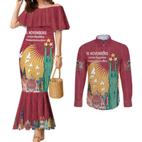 Latvia Independence Day Couples Matching Mermaid Dress and Long Sleeve Button Shirt Latvija with Freedom Monument