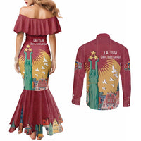 Latvia Independence Day Couples Matching Mermaid Dress and Long Sleeve Button Shirt Latvija with Freedom Monument