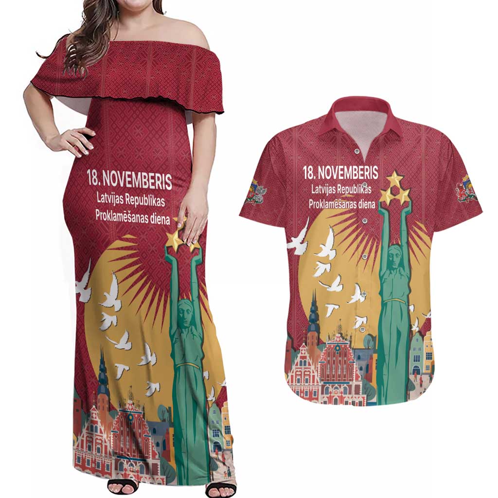 Latvia Independence Day Couples Matching Off Shoulder Maxi Dress and Hawaiian Shirt Latvija with Freedom Monument