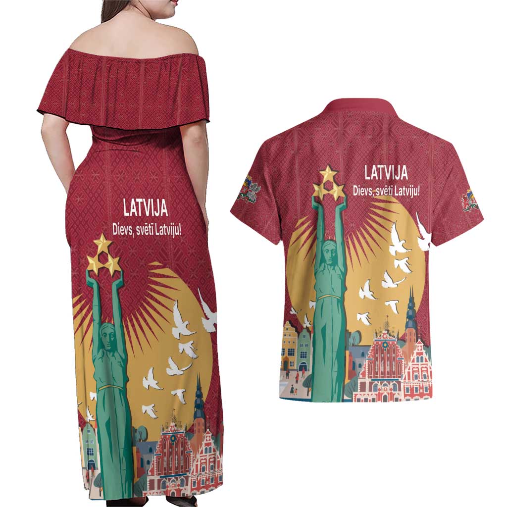 Latvia Independence Day Couples Matching Off Shoulder Maxi Dress and Hawaiian Shirt Latvija with Freedom Monument