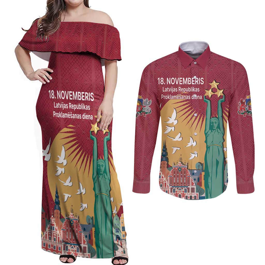 Latvia Independence Day Couples Matching Off Shoulder Maxi Dress and Long Sleeve Button Shirt Latvija with Freedom Monument