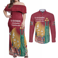 Latvia Independence Day Couples Matching Off Shoulder Maxi Dress and Long Sleeve Button Shirt Latvija with Freedom Monument