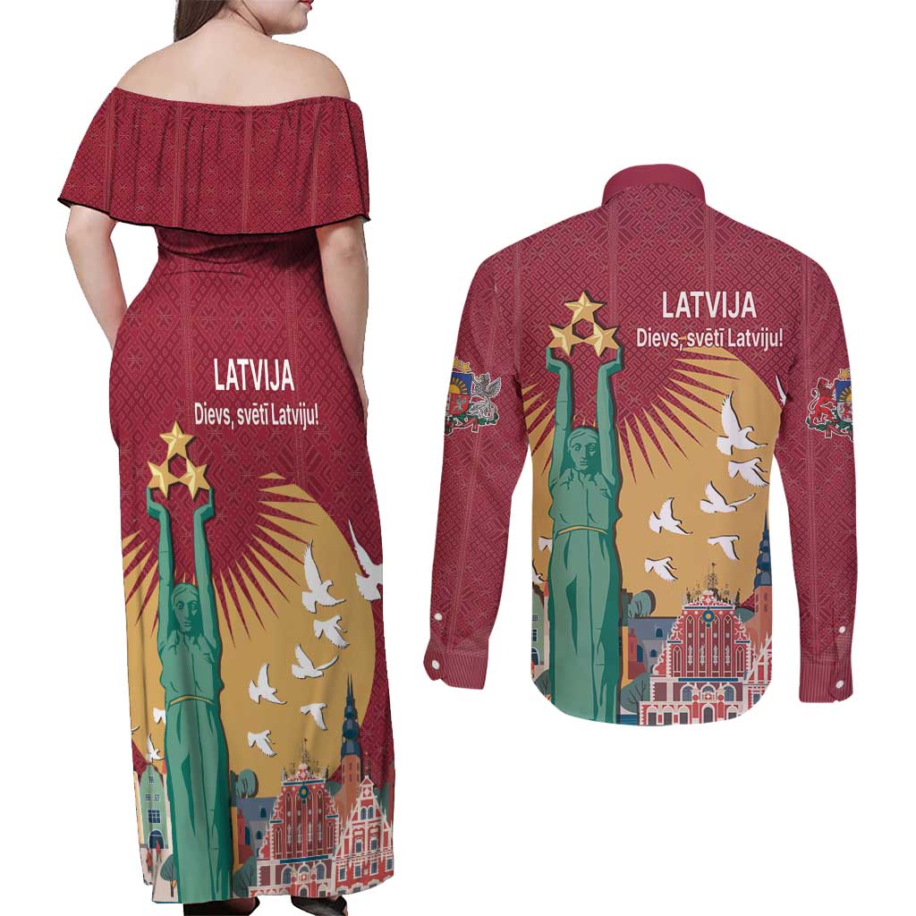 Latvia Independence Day Couples Matching Off Shoulder Maxi Dress and Long Sleeve Button Shirt Latvija with Freedom Monument