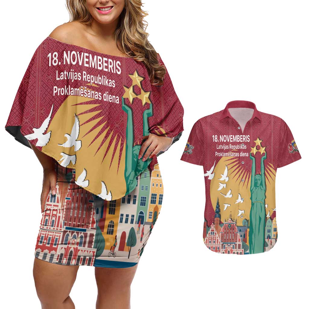 Latvia Independence Day Couples Matching Off Shoulder Short Dress and Hawaiian Shirt Latvija with Freedom Monument