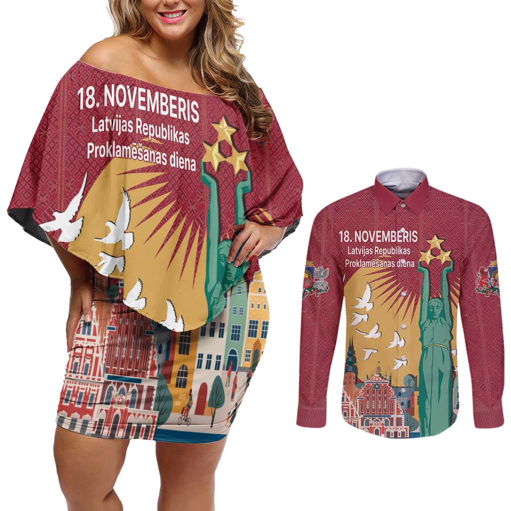 Latvia Independence Day Couples Matching Off Shoulder Short Dress and Long Sleeve Button Shirt Latvija with Freedom Monument