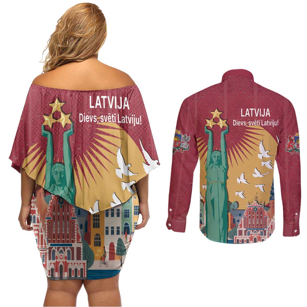 Latvia Independence Day Couples Matching Off Shoulder Short Dress and Long Sleeve Button Shirt Latvija with Freedom Monument