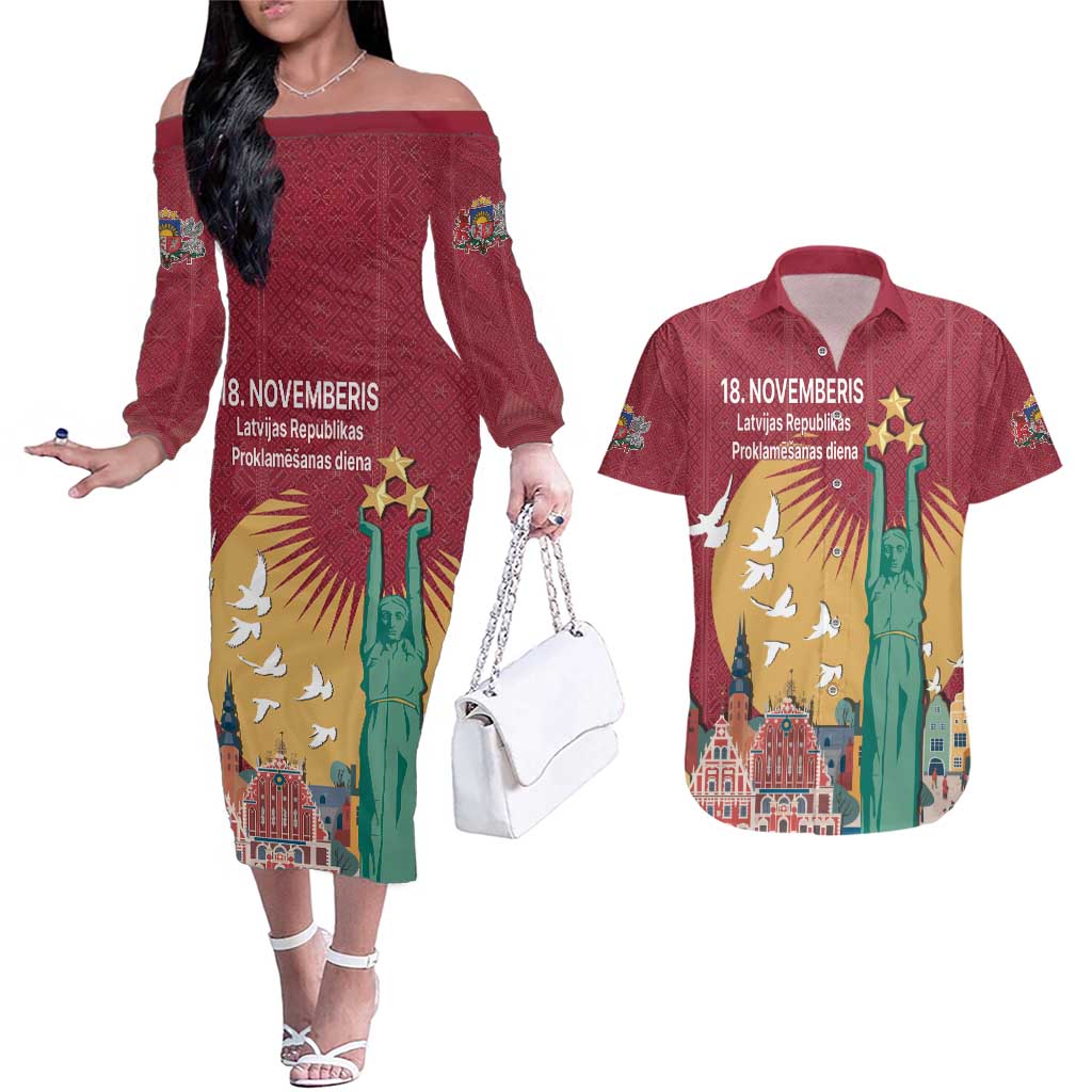 Latvia Independence Day Couples Matching Off The Shoulder Long Sleeve Dress and Hawaiian Shirt Latvija with Freedom Monument