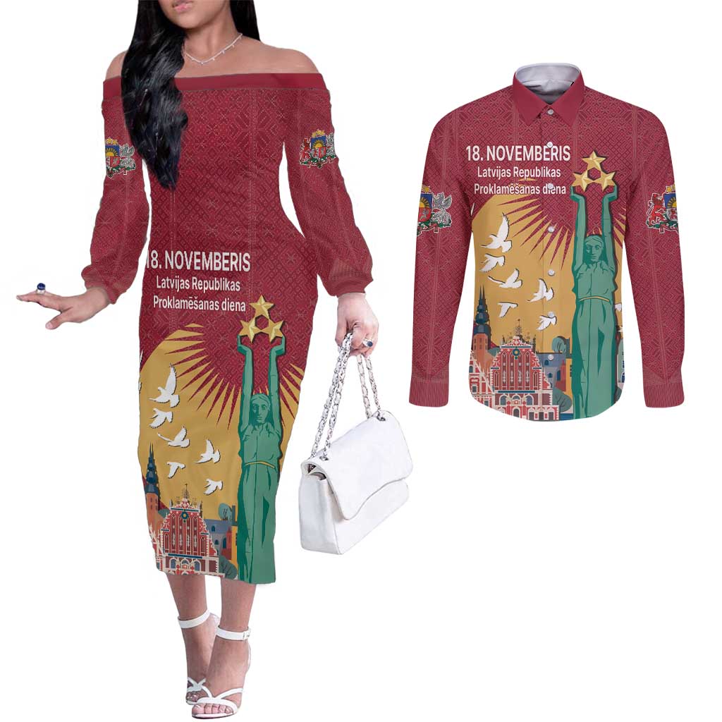Latvia Independence Day Couples Matching Off The Shoulder Long Sleeve Dress and Long Sleeve Button Shirt Latvija with Freedom Monument