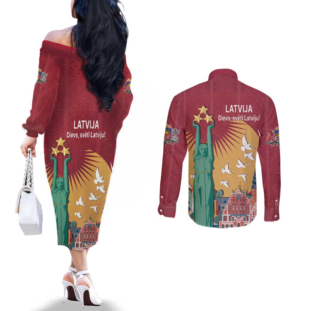 Latvia Independence Day Couples Matching Off The Shoulder Long Sleeve Dress and Long Sleeve Button Shirt Latvija with Freedom Monument