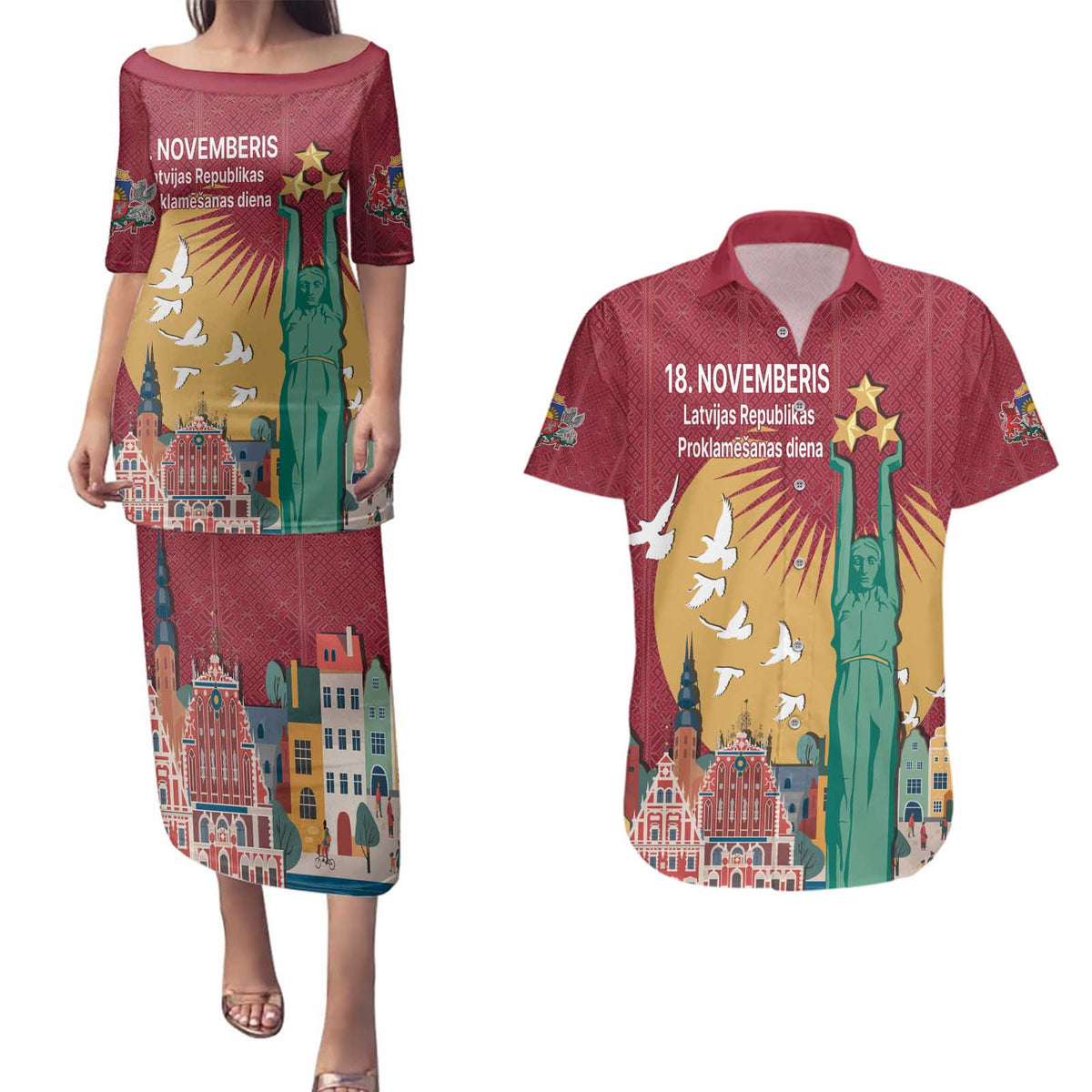 Latvia Independence Day Couples Matching Puletasi and Hawaiian Shirt Latvija with Freedom Monument