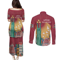 Latvia Independence Day Couples Matching Puletasi and Long Sleeve Button Shirt Latvija with Freedom Monument